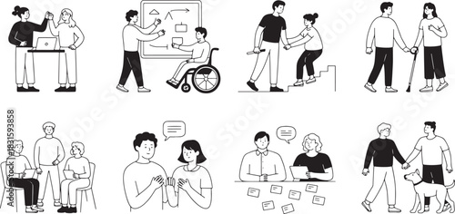 Simple outline drawing of colleagues helping and support each other at work