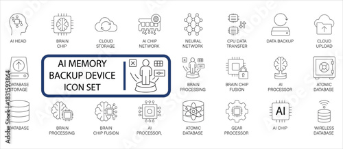 AI Memory and Backup Icon Set. Brain Chip, Cloud Storage, and Atomic Database. Futuristic linear icons for data security, AI network, and processor fusion concepts.