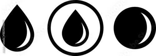 Water Drop Vector Icons, Oil and Liquid Element Graphic, Purity and Hydration Symbol Set, Aqua Circle and Silhouette Design, Clean Energy Environmental Illustration.