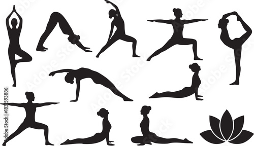 Yoga Poses Silhouette Set with Lotus Flower for Wellness and Exercise