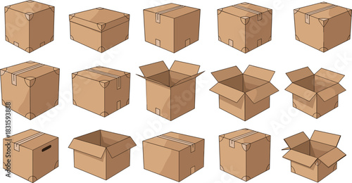 Cardboard boxes collection, diverse packing box angles, open and closed cartons, storage containers, shipping packaging set, brown kraft paper boxes illustration, logistics supplies