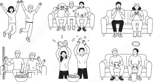 Sports fans watching team play on television at home with emotions