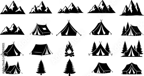 Outdoor Adventure Camping Silhouette Icon Set – Hiking, Travel & Survival