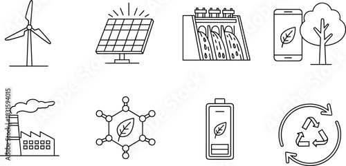 Eco energy icon set featuring renewable power symbols, solar panels, wind turbines, hydropower, recycling, green battery, sustainable technology design for environmental conservation themes
