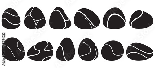 Collection of black abstract stone shapes with white line patterns creating a minimalist graphic design set, featuring various organic forms and decorative elements for modern concepts