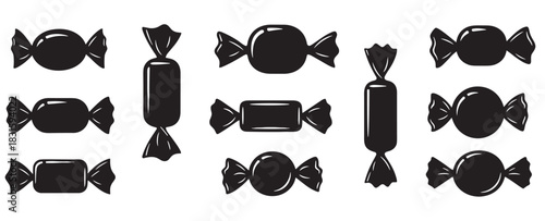 Collection of black candy silhouettes in twisted wrappers presents a variety of shapes including round, oval, and rectangular forms in a simple graphic icon style