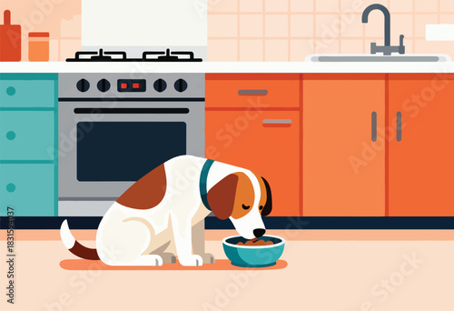 A dog, in a kitchen with colorful cabinets and an oven, eats from a blue bowl on the floor