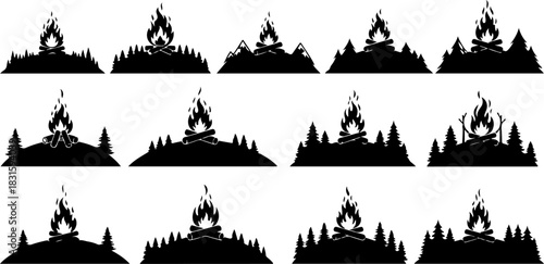 Outdoor Adventure Camping Silhouette Icon Set – Hiking, Travel & Survival