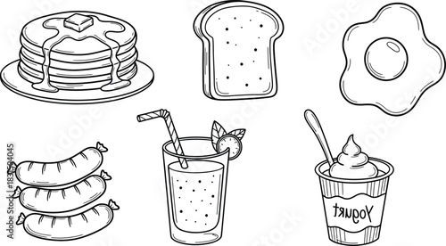 hand drawn doodle breakfast food icons set