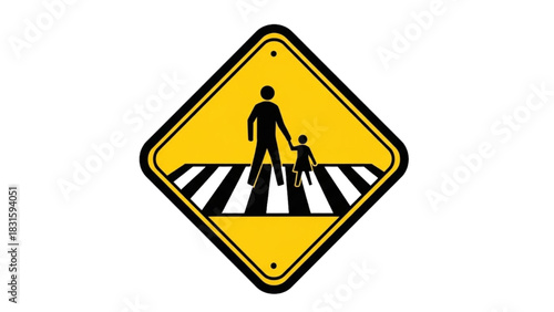 Pedestrian crossing sign warning of child and adult walking on a crosswalk