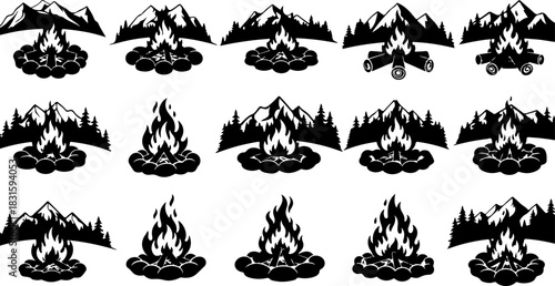 Outdoor Adventure Camping Silhouette Icon Set – Hiking, Travel & Survival