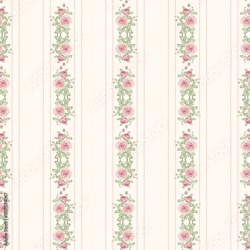 A charming vertical striped seamless pattern featuring columns of watercolour pink roses and foliage, separated by thin white stripes on a beige background.