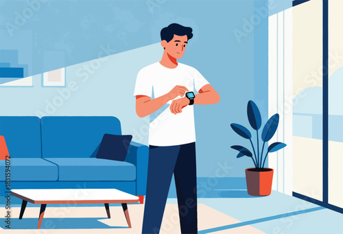 A person in a white tee and dark pants checks a smartwatch indoors, near a plant, a couch, and a window