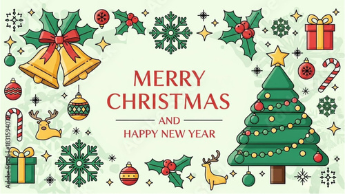 Merry Christmas and Happy New Year Greeting Card with Festive Decorations