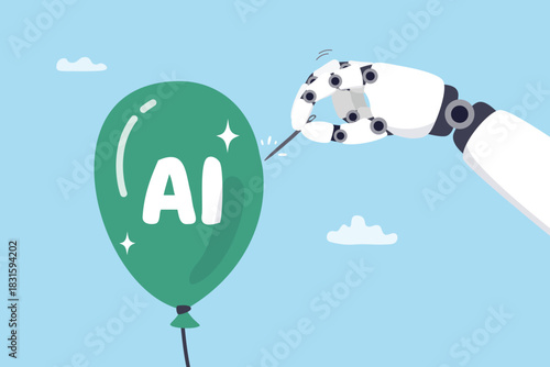 AI stock market bubble crash, uncertainty on fragile inflated speculation, danger on vulnerable recession warning, Artificial intelligence robot hand using needle to burst AI balloon bubble.