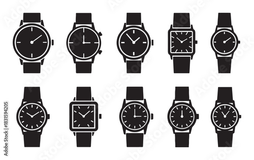 Collection of black wristwatch icons showing various classic and modern designs, including round and square faces, presented as a minimalist graphic set of analog timepieces