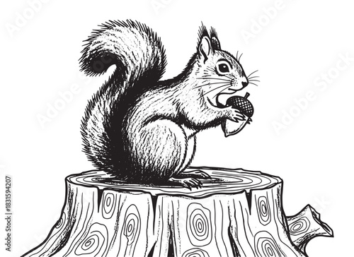 Hand-drawn black and white squirrel illustration sitting on a tree stump while holding an acorn, depicted in a classic vintage woodcut style with detailed line art