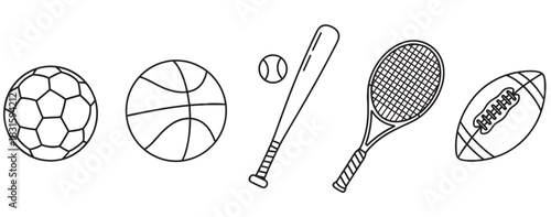 Black and white sports equipment icons collection featuring a soccer ball, basketball, baseball bat, tennis racket, and football arranged in a horizontal row, hand-drawn doodle style