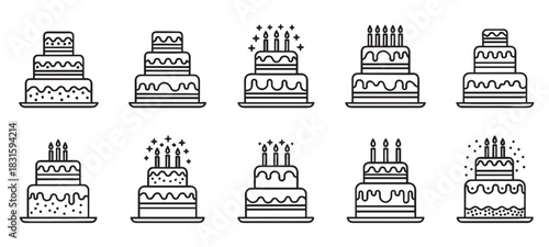 Set of black birthday cake icons with multiple tiers and lit candles, illustrated in a simple and clean outline style for celebrating special occasions and parties