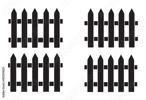 Four black picket fence silhouettes arranged in a simple grid pattern, showcasing a classic pointed top design in a minimalist graphic vector illustration style