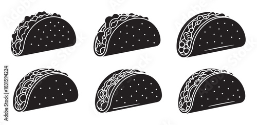 Set of six black taco icons with white line art details, a minimalist graphic collection of food glyphs perfect for a restaurant menu or culinary branding concepts