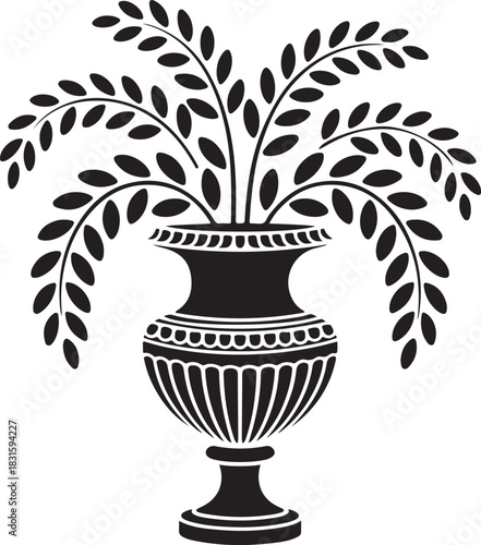 Elegant silhouette of a classical urn with fern fronds