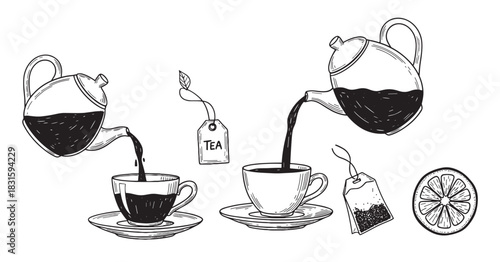 Hand-drawn black and white tea set illustrations featuring teapots pouring a hot beverage into cups, along with teabags and a lemon slice in a vintage sketch style