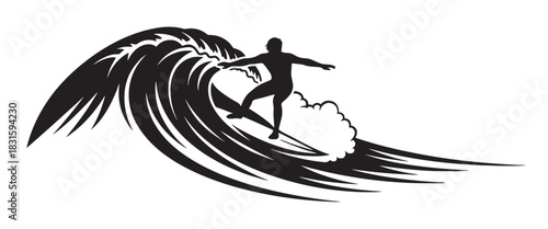 Black silhouette of a surfer riding a large, stylized ocean wave in a dynamic, graphic vector illustration showing an extreme water sport and an active summer lifestyle