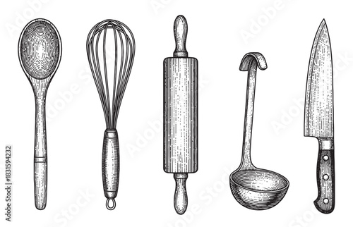 Black and white kitchen tool collection featuring a wooden spoon, whisk, rolling pin, ladle, and knife in a classic, hand-drawn, retro engraved illustration style