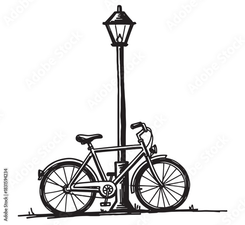 Classic city bicycle parked beside a vintage street lamppost in a hand-drawn black and white ink sketch illustration with a nostalgic, quiet urban mood
