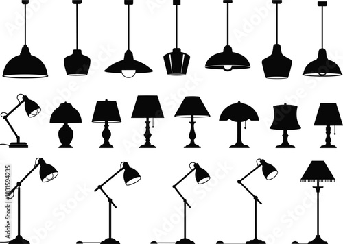 Silhouette collection of modern pendant lamps, classic table lamps, adjustable desk lamps, and elegant floor lamps for interior design, lighting decor, home furnishing illustration, vector set
