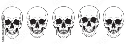 Set of five identical human skulls arranged in a horizontal line, depicted in a clean black and white graphic illustration style perfect for tattoo art or gothic themes
