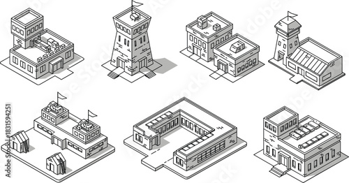 Isometric military base buildings, watchtowers, barracks, command centers, strategic facility structures, outline architectural set, security installations, defense complex icons for game design 