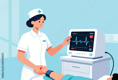 A healthcare worker in a white uniform monitors a patient's vitals, with an EKG machine and patient