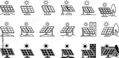 Solar panel icons set featuring sun energy symbols, photovoltaic illustrations, renewable power graphics, eco-friendly electricity designs, sustainable energy icon collection for clean technology use