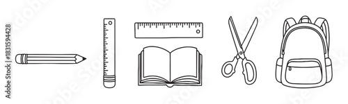 Black line art icons of school supplies featuring a pencil, rulers, an open book, scissors, and a backpack, illustrated in a clean, minimalist doodle style for learning concepts