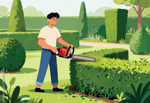 A person uses a chainsaw to trim a hedge in a stylized garden. Other trimmed bushes stand in the distance