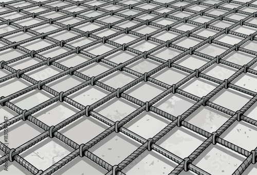 A perspective view of a reinforced concrete mesh, with a grid of steel bars forming a square pattern