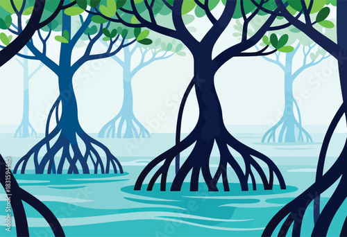 Stylized illustration of mangrove trees in a watery environment, with roots, branches and green leaves