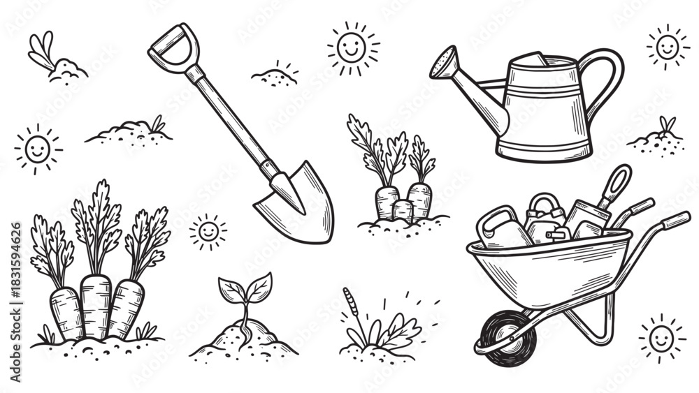 Fototapeta premium Set of hand-drawn gardening icons in a cute doodle style, featuring a shovel, watering can, wheelbarrow, carrots, sprout, and smiling suns for a charming farm theme