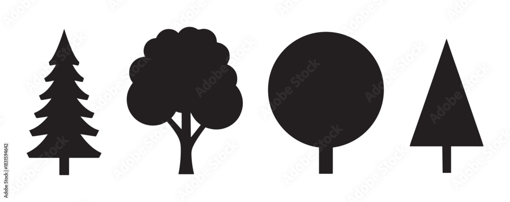 Fototapeta premium Four black tree silhouettes in various graphic styles, including coniferous and deciduous shapes, presented as a simple icon set for nature and environmental concepts