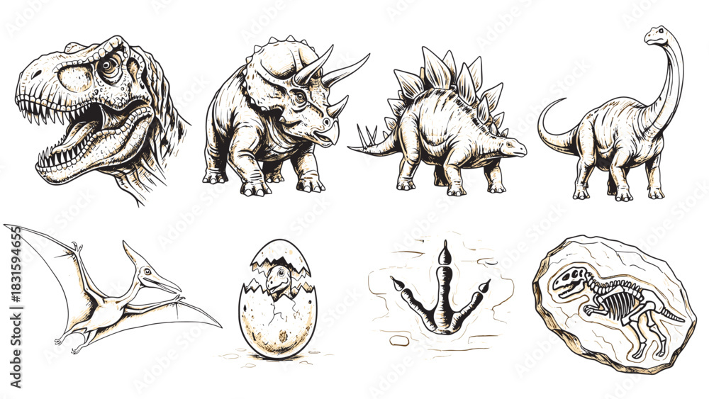 Obraz premium Set of hand-drawn dinosaur illustrations featuring a T-Rex, Triceratops, Stegosaurus, Brachiosaurus, Pterodactyl, fossil, hatching egg, and footprint in a vintage sketch style