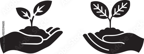 A stylized black and white illustration depicts two open hands cradling soil from which small plants with leaves are emerging.