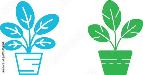 A stylized illustration of two potted plants, one in blue and the other in green, against a white background.