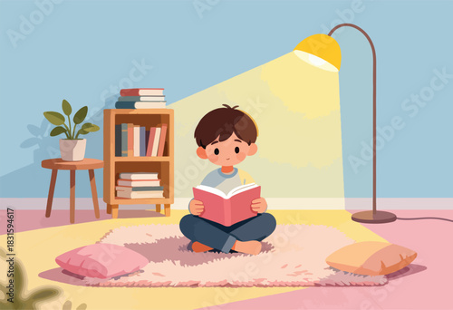 A seated child reads, illuminated by a lamp, surrounded by books, pillows, and potted plant