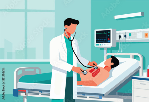 A doctor uses a stethoscope to examine a patient lying in a hospital bed, heart monitor visible