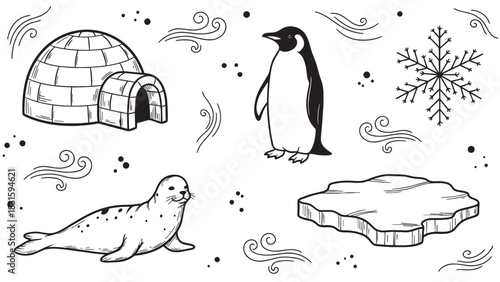 Hand-drawn set of arctic animal illustrations featuring a penguin, seal, igloo, snowflake, and ice floe in a charming black and white doodle style for winter themes