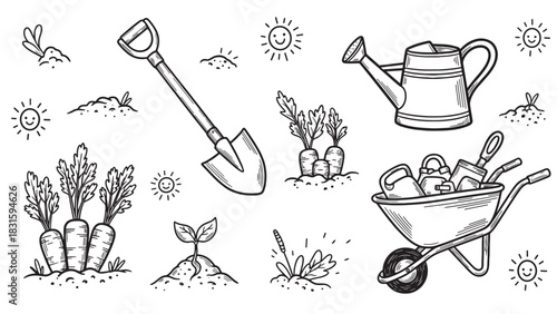 Set of hand-drawn gardening icons in a cute doodle style, featuring a shovel, watering can, wheelbarrow, carrots, sprout, and smiling suns for a charming farm theme