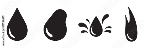 Four black liquid drop vector icons showing different shapes and styles, including a teardrop, a splash, and a drip, presented as a minimalist graphic design element set