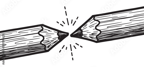 Broken wooden pencil snapped in half with a jagged fracture, a simple black and white hand-drawn illustration symbolizing stress, failure, and creative block